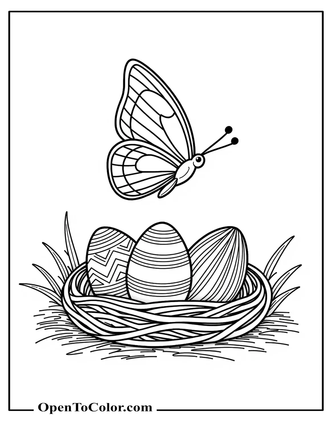 Free Coloring Sheet: Butterfly Hovering Over a Nest of Patterned Easter Eggs