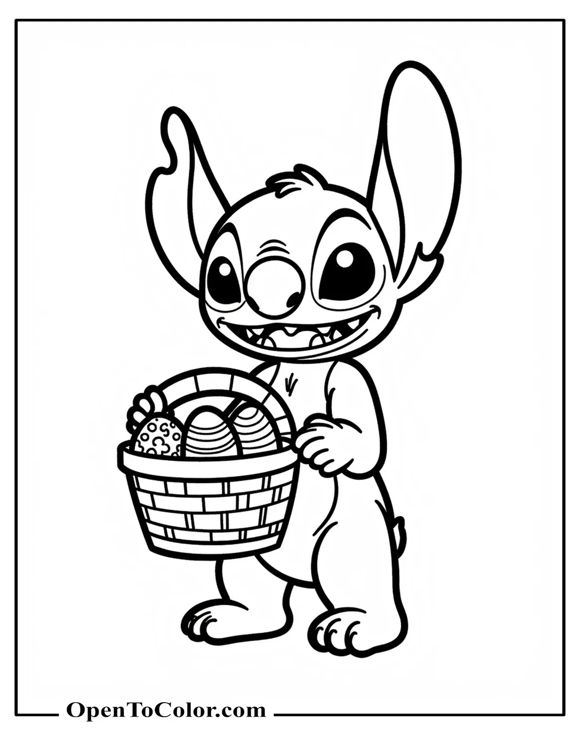 Free Coloring Page of Stitch Carrying Basket of Decorated Easter Eggs