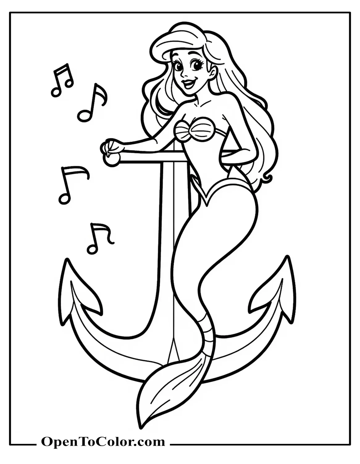 Easy Outline Of Ariel Leaning Against An Anchor, Singing With Musical Notes Floating Nearby, Coloring Page PDF