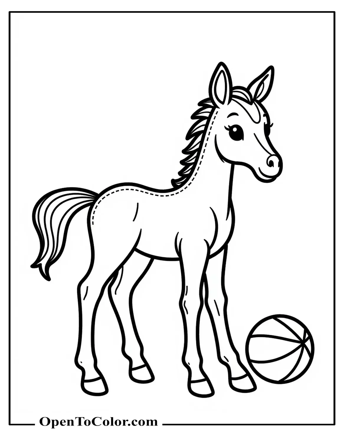 Free Coloring Sheet of Easy Baby Foal Standing Beside Toy Ball