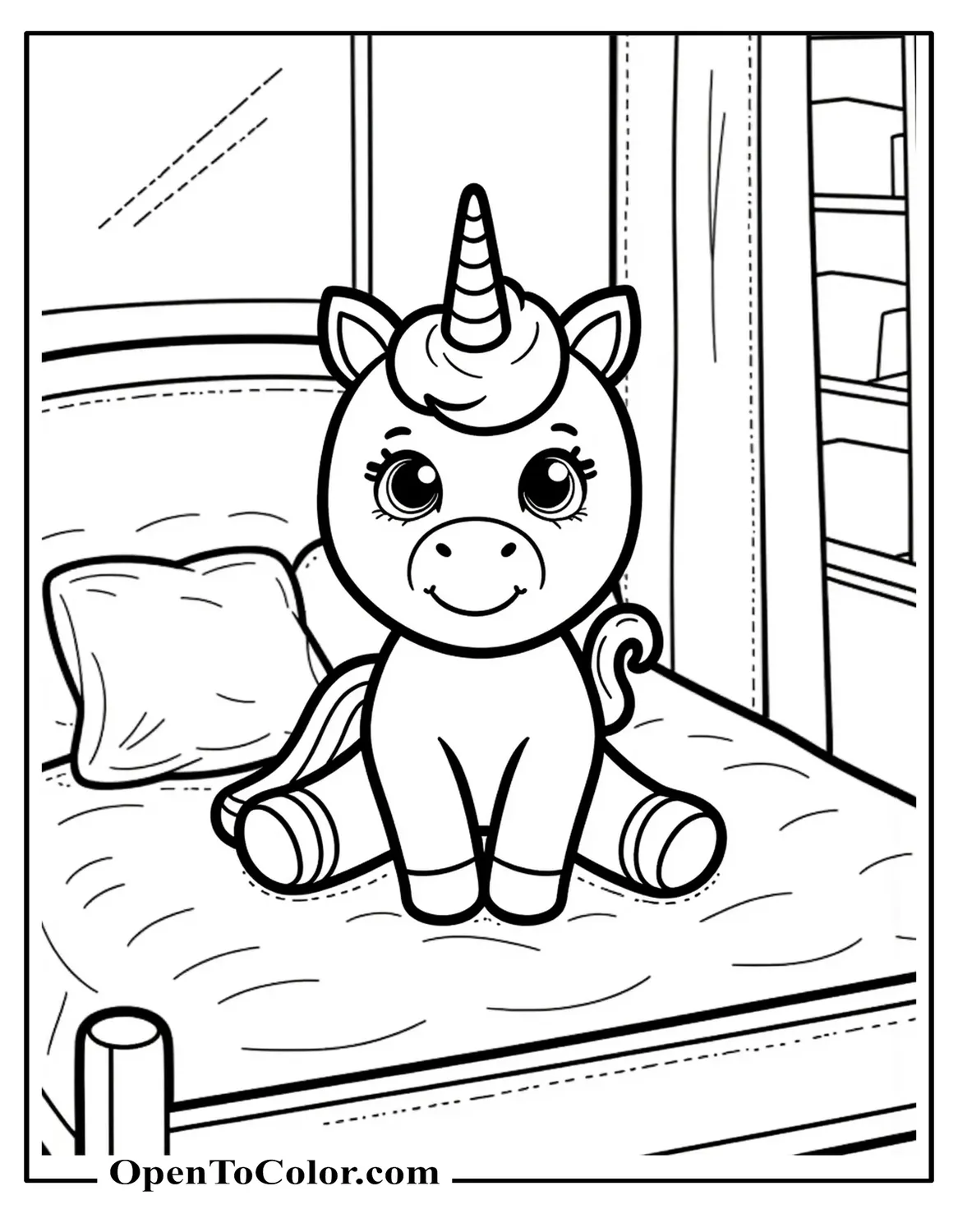 Baby unicorn plushie coloring sheet in a room setting sitting on a child's bed PDF.