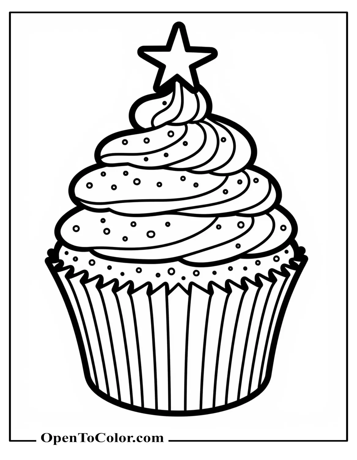 Large-outline cupcake coloring page PDF with big frosting swirl single star sprinkle