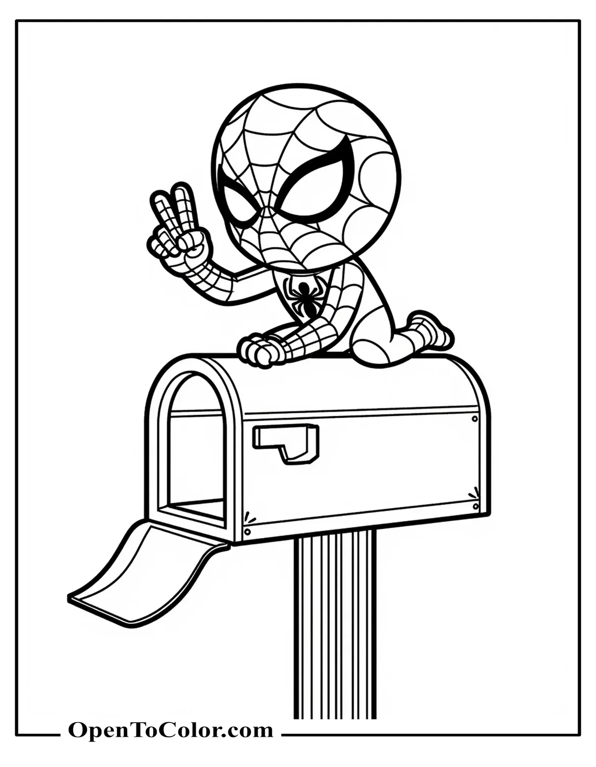 Cute Chibi Marvel Avenger Spider-Man Perched On Mailbox Offering Peace Coloring Page PDF