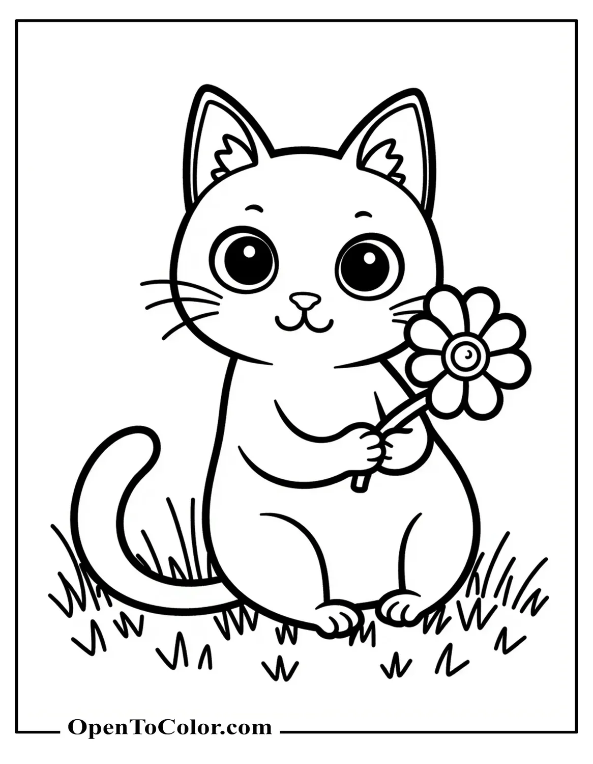 Free Coloring Sheet of Cat With Big Round Eyes Sitting on Grass Holding a Flower