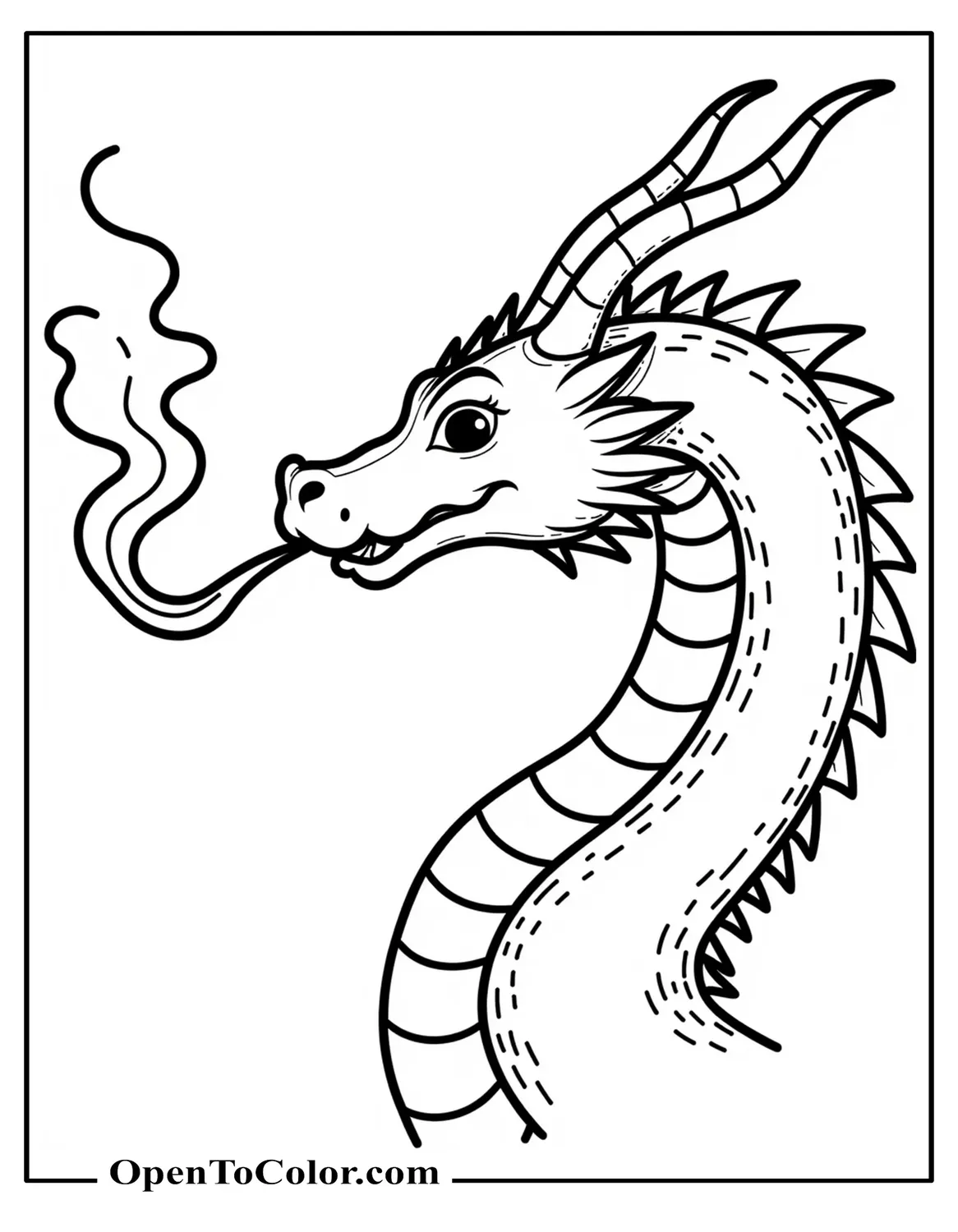 Free Coloring Sheet of Simple Dragon Head in Profile Blowing Smoke Ring