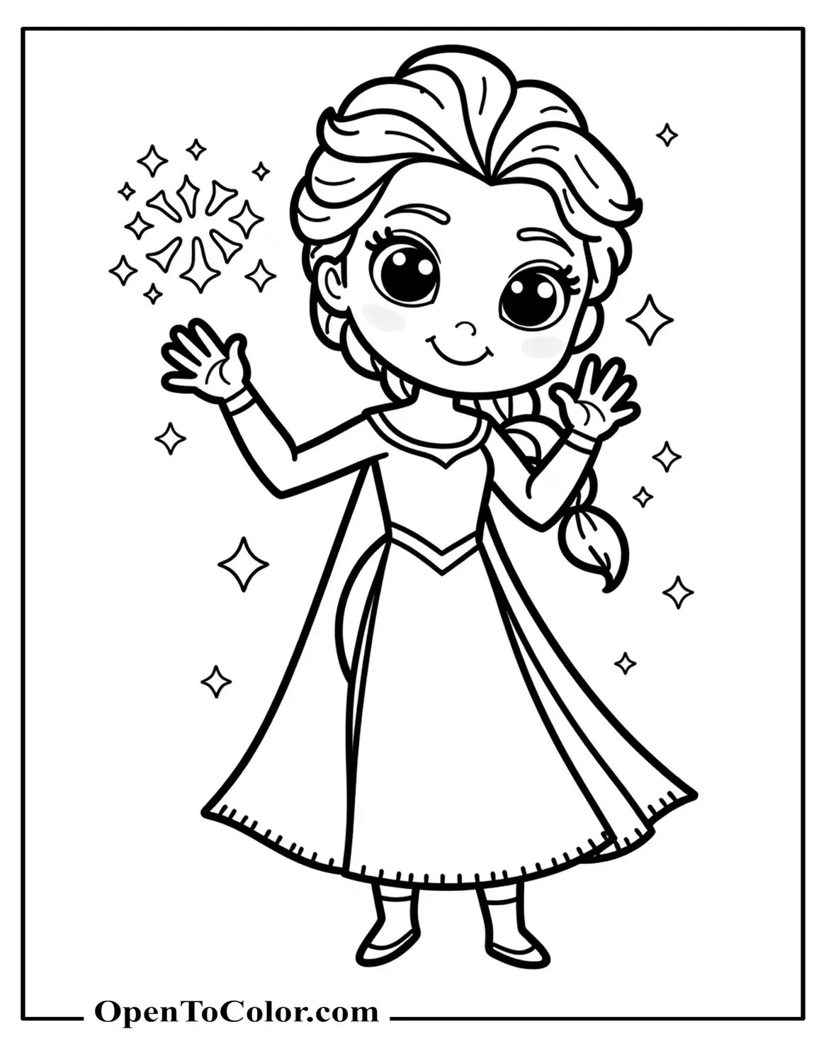 Elsa Waving Magic Sparkles In Cute Sanrio Style Coloring Page Printable