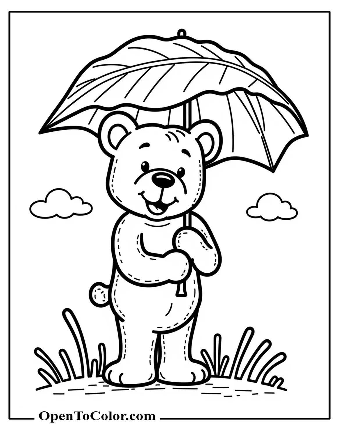 Free Coloring Page of a Teddy Bear Holding a Giant Leaf as an Umbrella on a Breezy Day