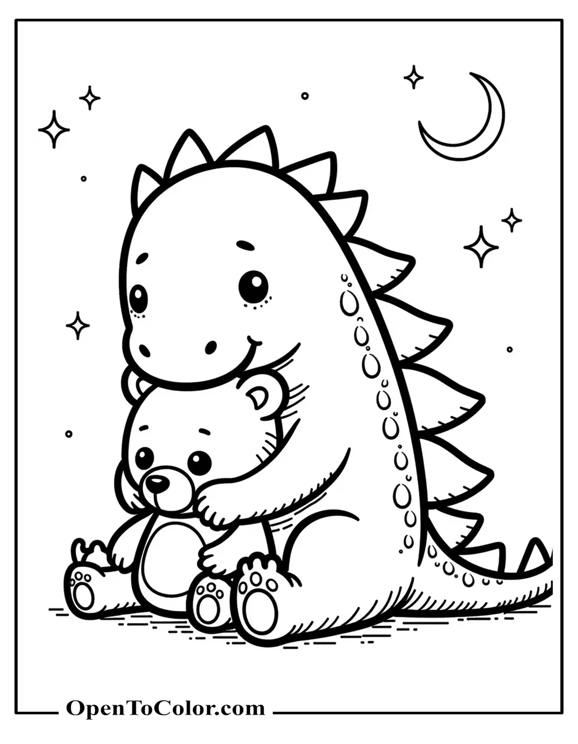 Printable Coloring Page of Chibi Godzilla Snuggling a Teddy Bear Under a Starry Night Sky