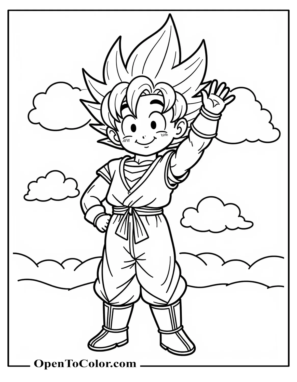 Free Coloring Page of Easy Cartoon Goku Waving with Big Round Eyes and Cloud Background