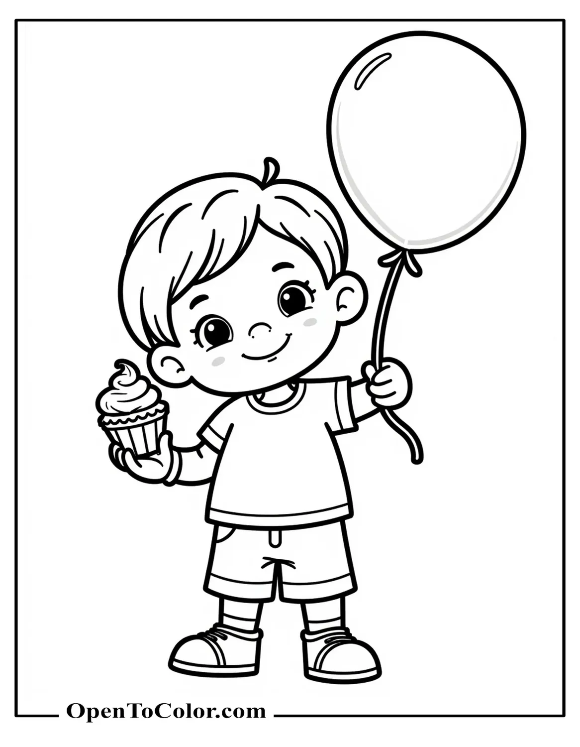 Smiling toddler holding balloon and cupcake, minimal background, printable coloring sheet.
