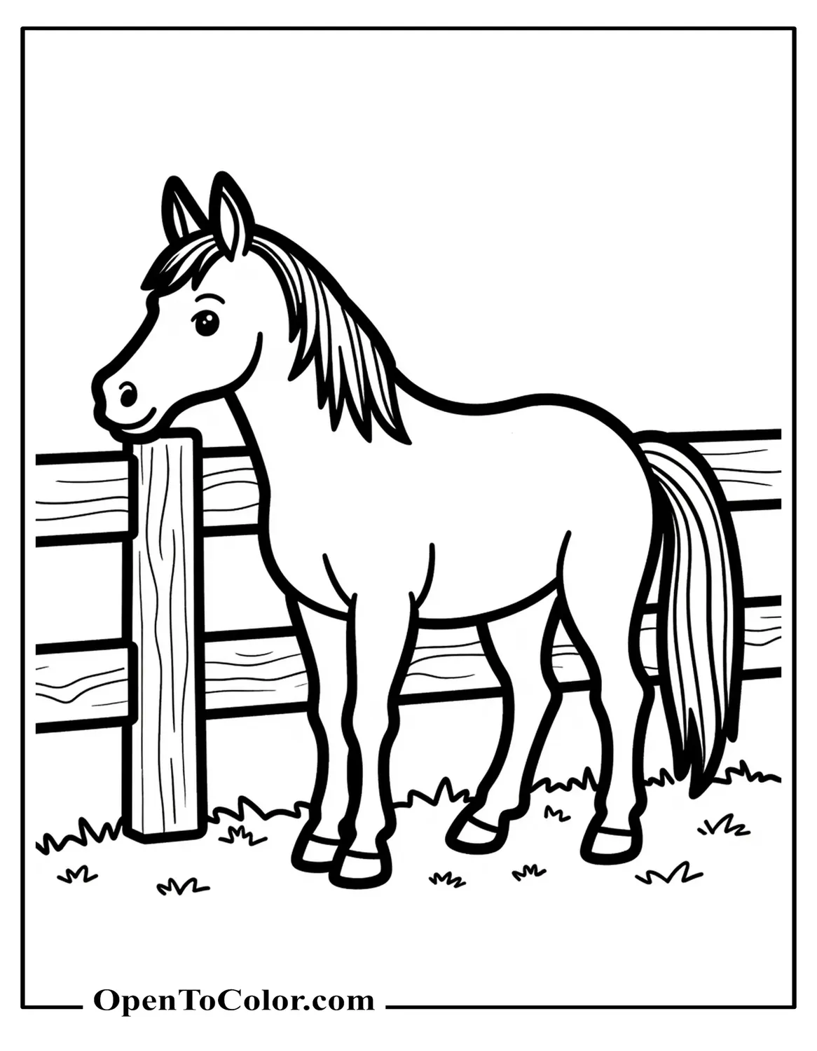 Free Coloring Page: Easy Outline Horse Standing Beside Wooden Fence