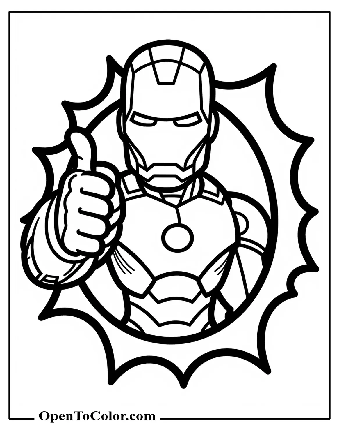 Free Cartoon Iron Man Giving a Thumbs-Up Inside a Comic Burst Frame Coloring Page