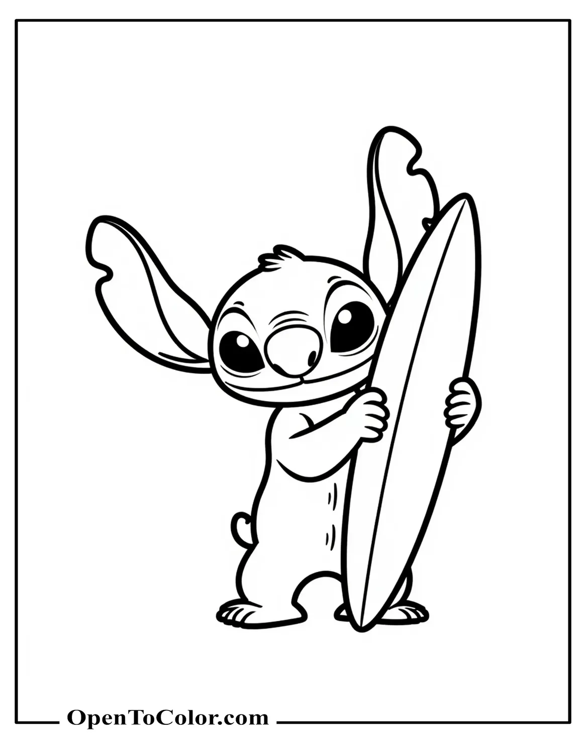 A simple outline of Stitch holding a surfboard, minimal details, printable coloring sheet.