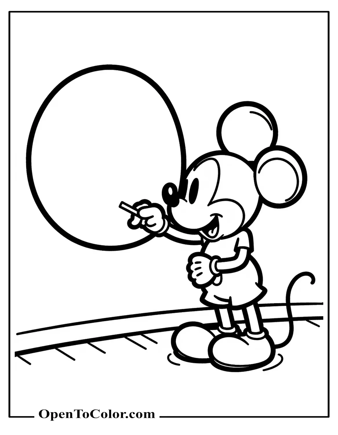 Simple Chibi Mickey Mouse Coloring Page Drawing A Circle On A Chalkboard, Minimal Thick Outlines, PDF