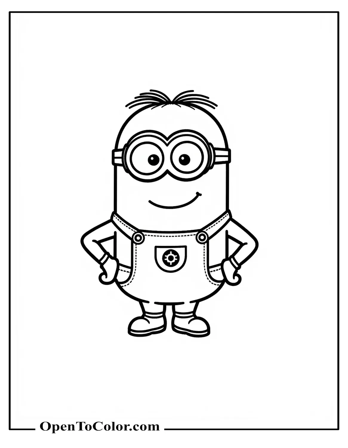 Simple Cartoon Minion Smiling, Hands On Hips, Minimal Background, Printable Coloring Page
