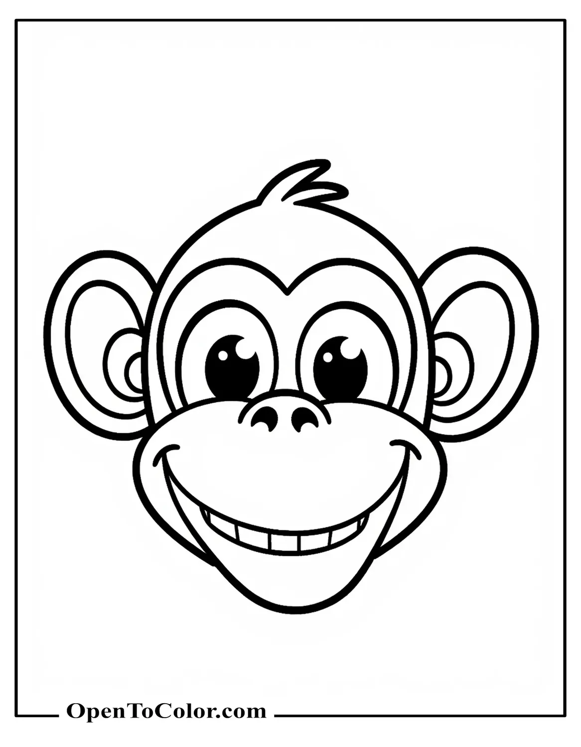 Easy Cartoon Monkey Face With Round Ears And Big Smile, Printable Coloring Page