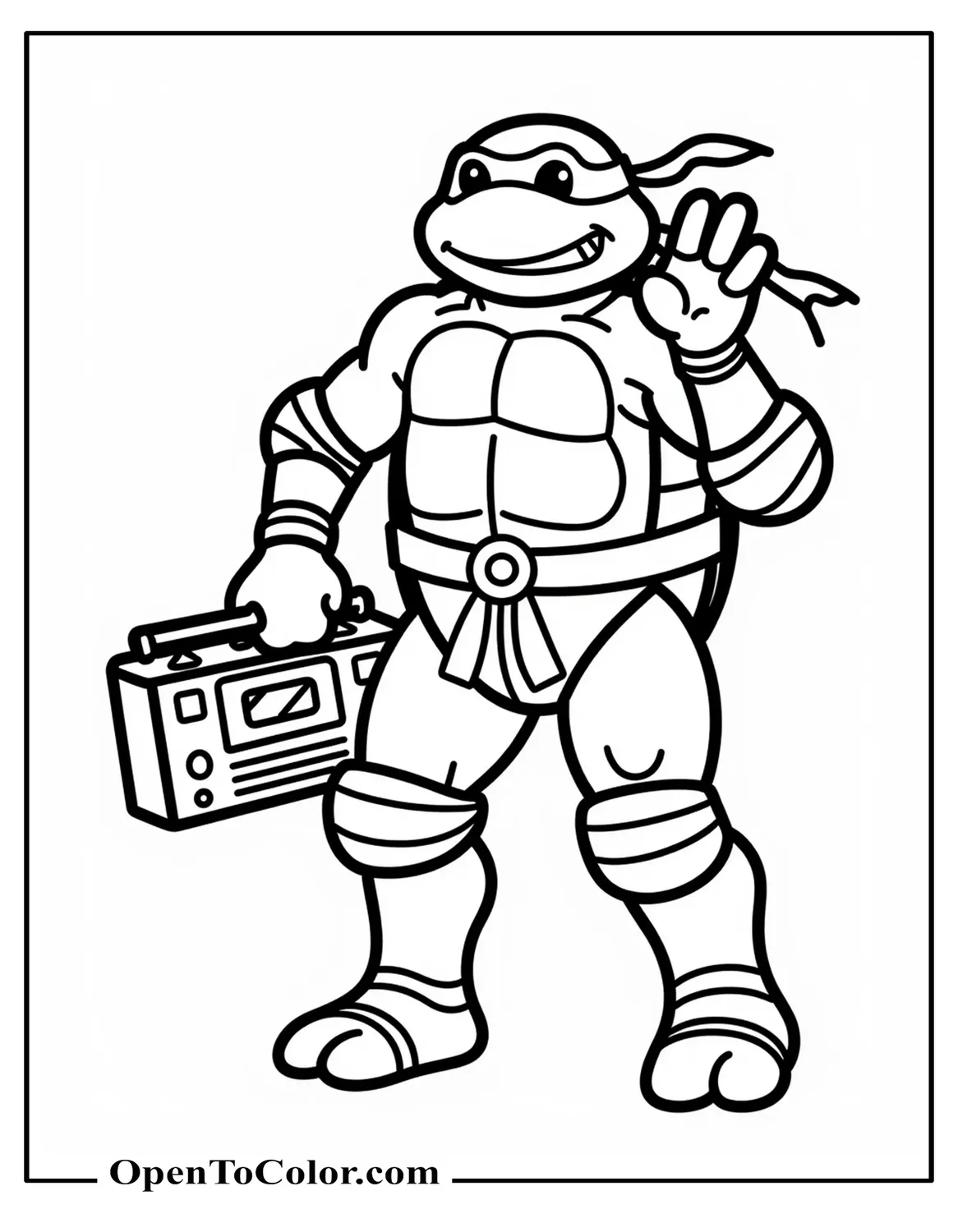 Printable Coloring Sheet of Simple Cartoon Ninja Turtle Leonardo Waving and Holding a Boombox, Minimal Line Work