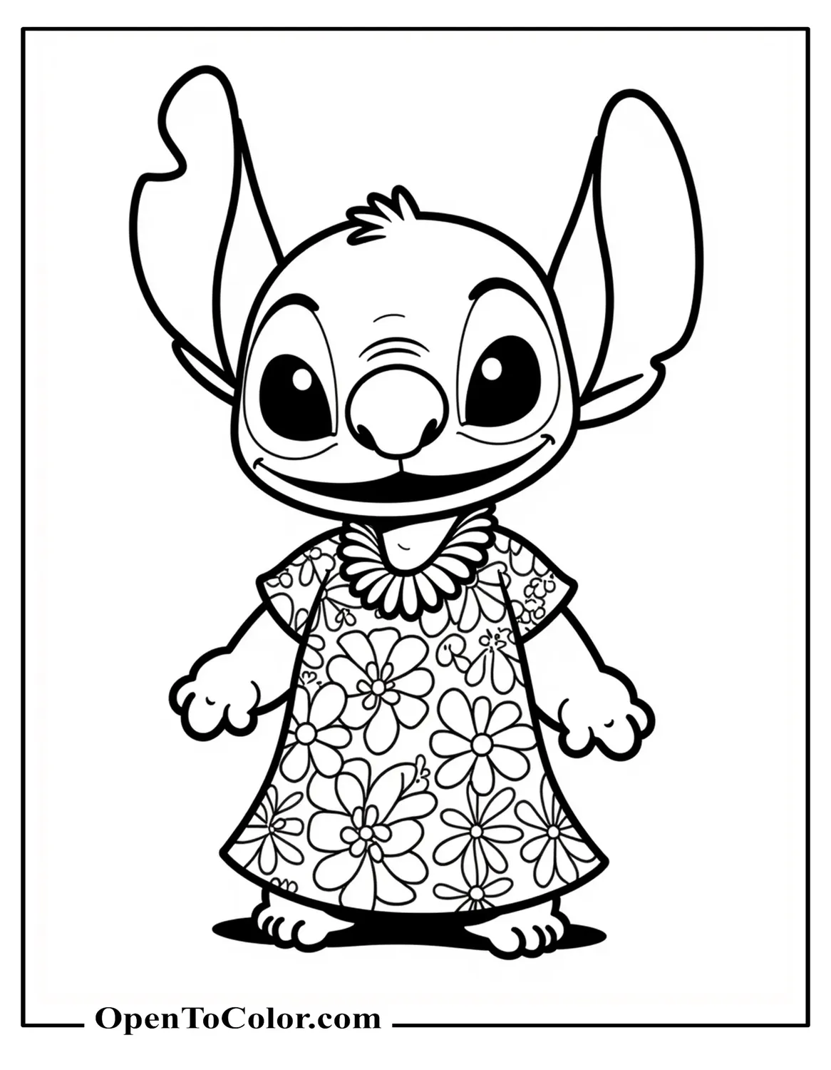 Free Coloring Sheet Featuring Stitch Wearing Lilo's Floral Muumuu Dress In A Simplified Outline, Easy To Color