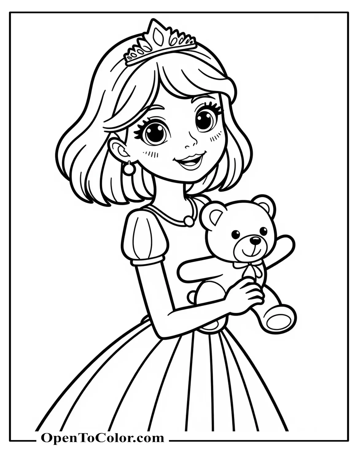 Printable Coloring Sheet of Princess with Bob Cut and Simple Dress Holding a Teddy Bear and Smiling