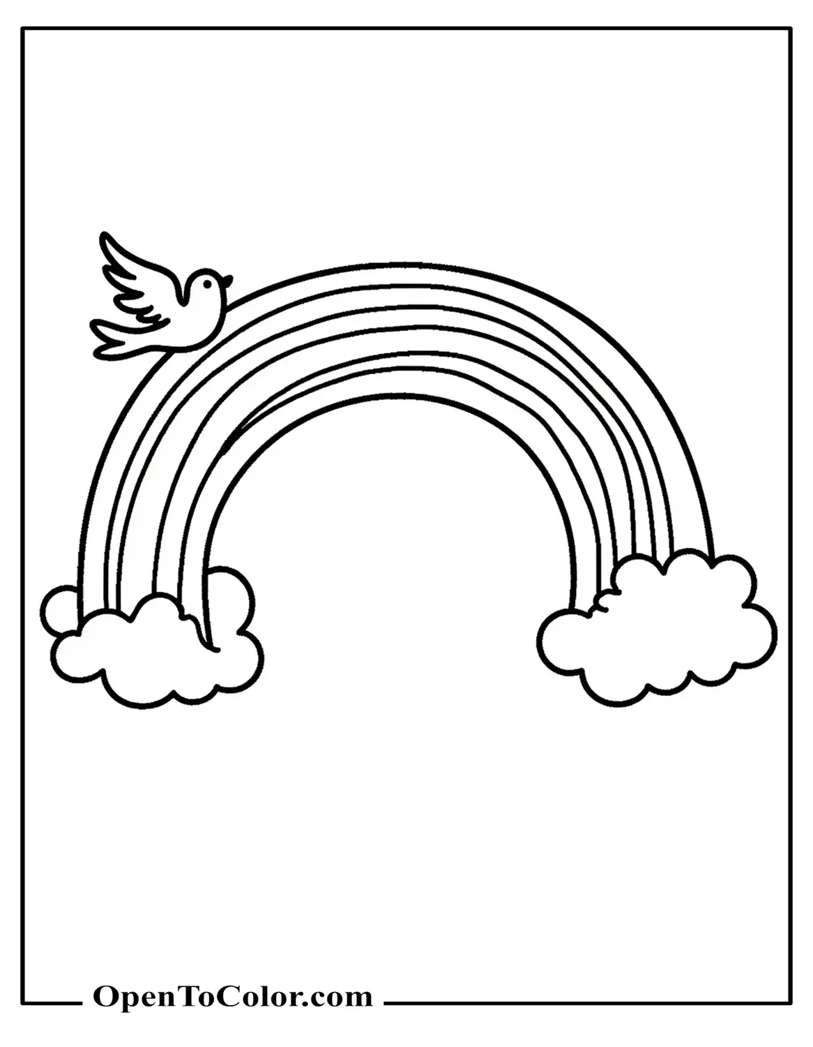 Free Coloring Page of Basic Rainbow Curved Across Sky, Single Bird Silhouette Gliding