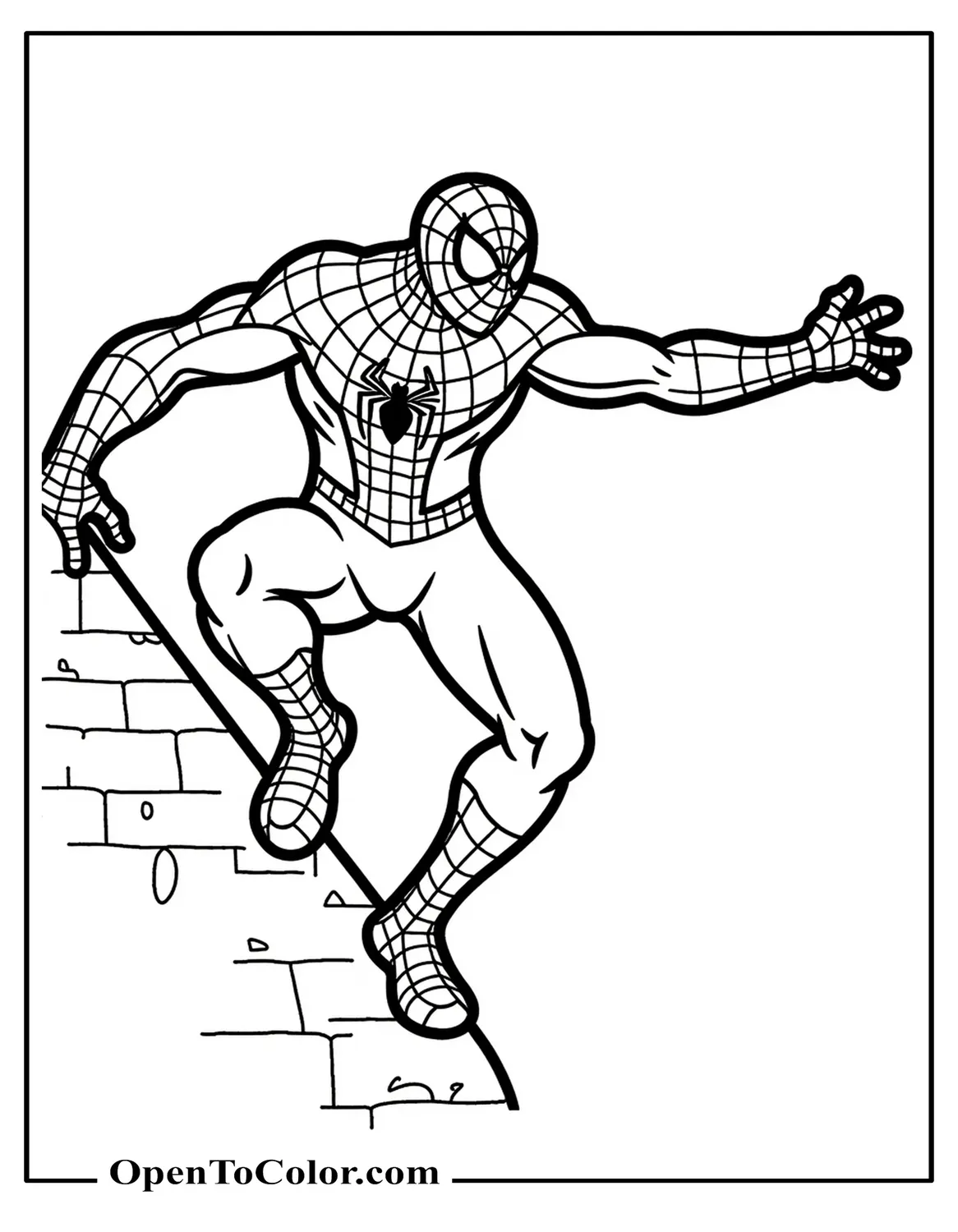 Free Spiderman coloring page sliding down the wall easily
