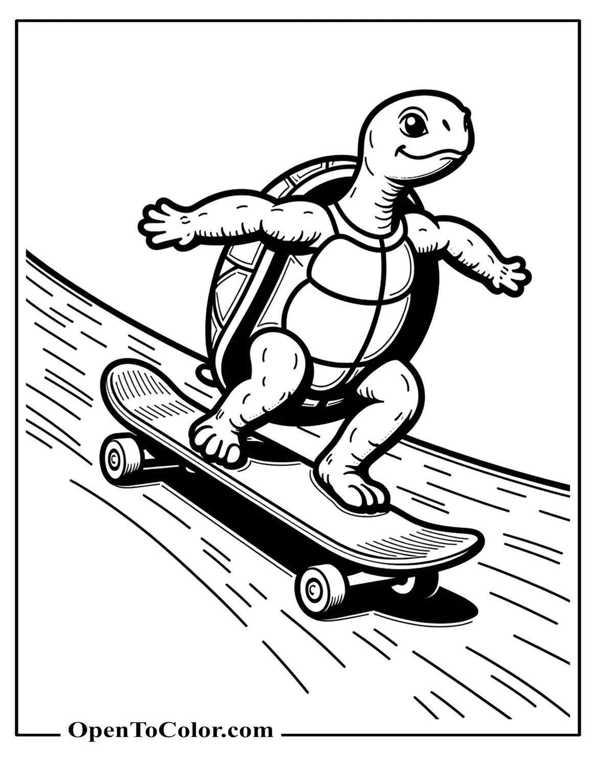Free Coloring Sheet of Turtle Riding a Skateboard Down a Gentle Hill with Motion Lines