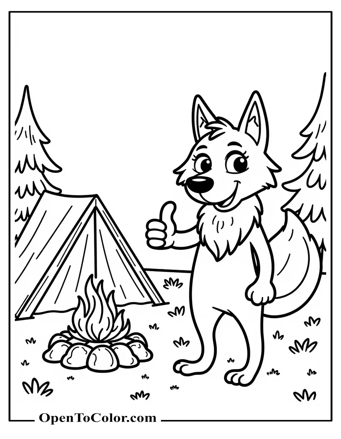 Friendly Wolf Giving Thumbs Up Beside Campfire And Tent, Simple Cartoon Coloring Page PDF