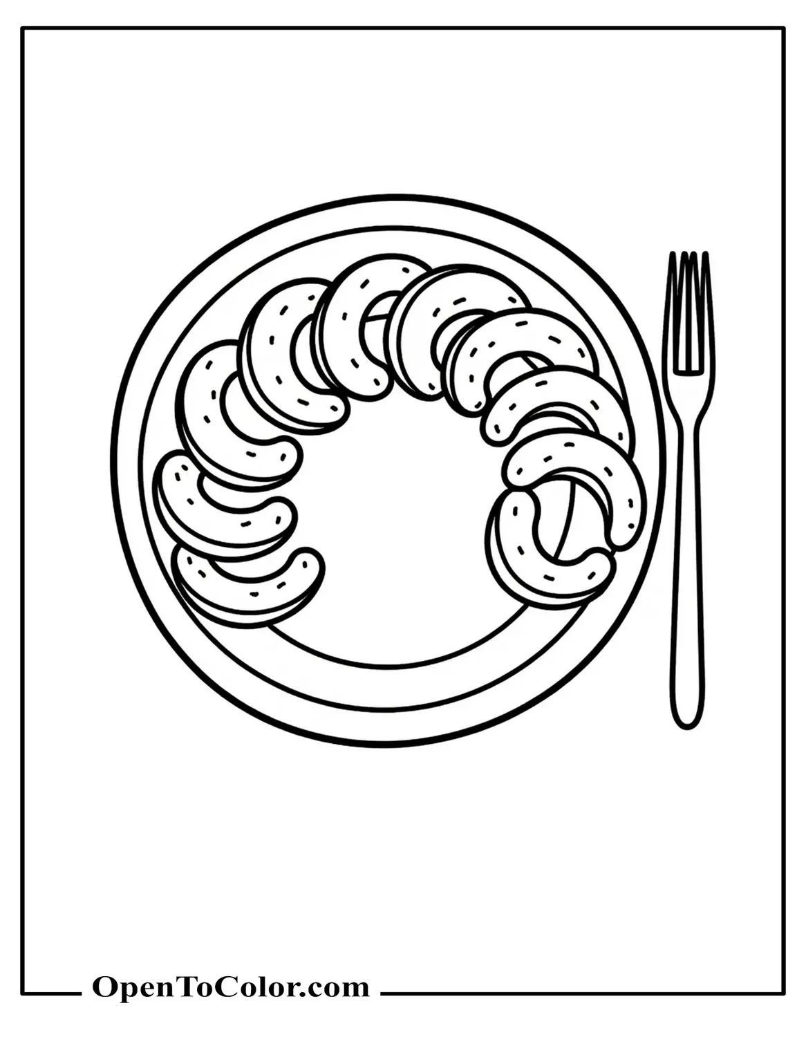 Free Coloring Sheet of Plate Arranged in Curved Rows of Fruit Slices Forming a Rainbow, Fork Beside