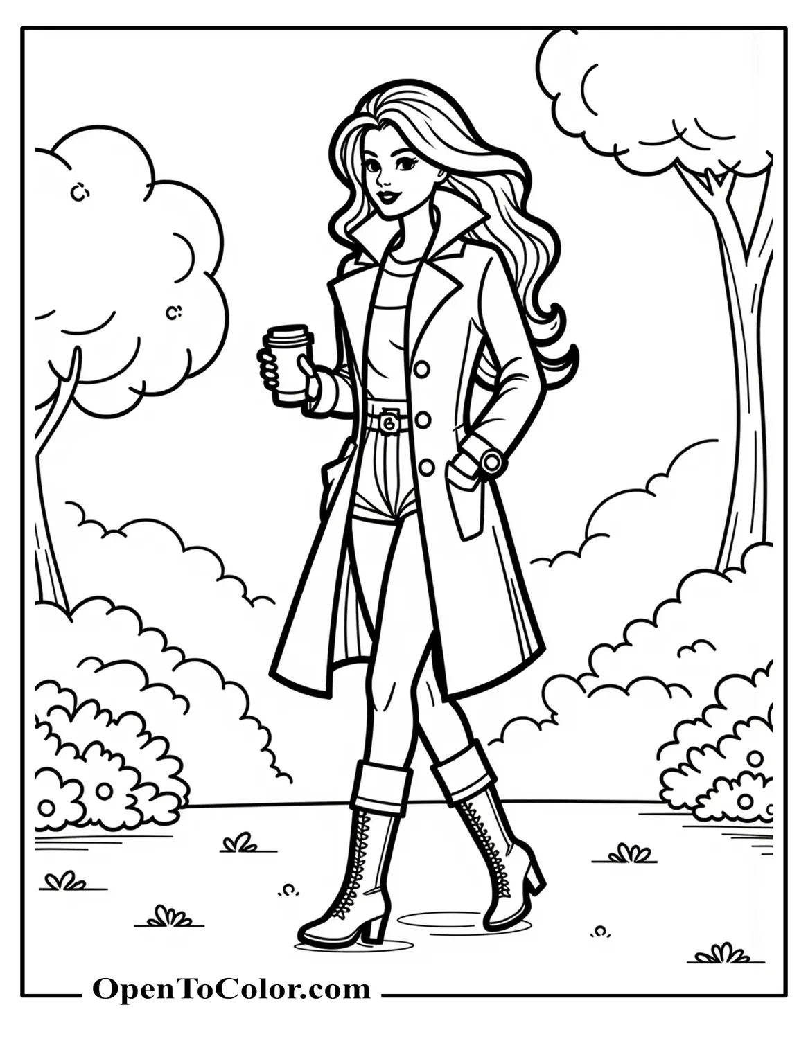 Free Coloring Sheet: Barbie Walking in the Park in a Trench Coat and Boots Holding Coffee