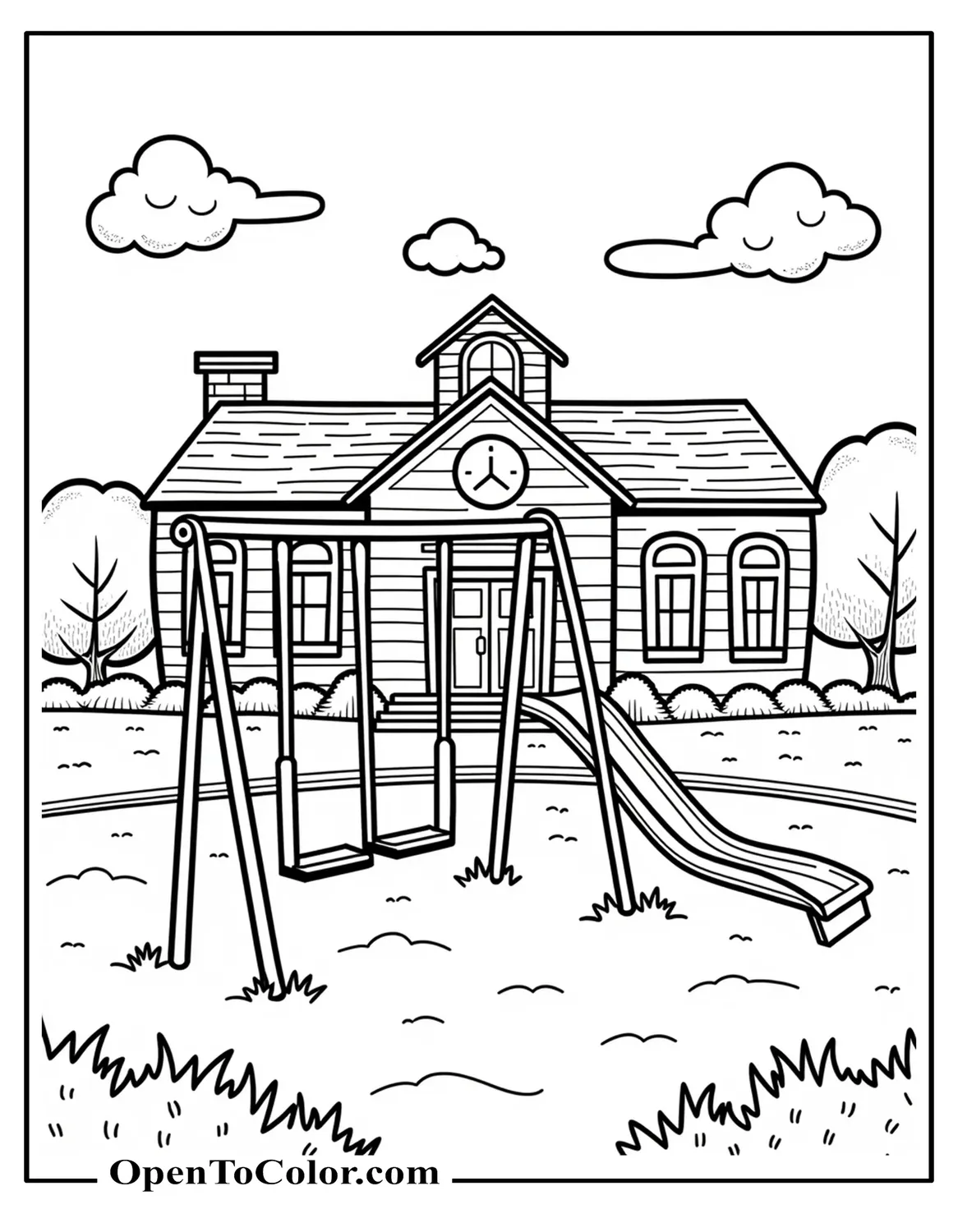 Elementary playground coloring sheet scene with swing set and slide behind big schoolhouse, bold simple outlines, PDF