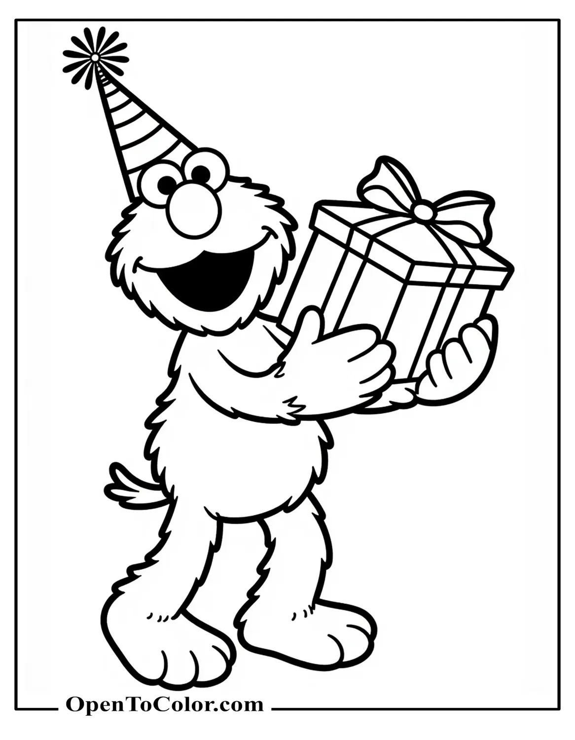 Elmo wearing a birthday hat and holding an oversized gift coloring page PDF