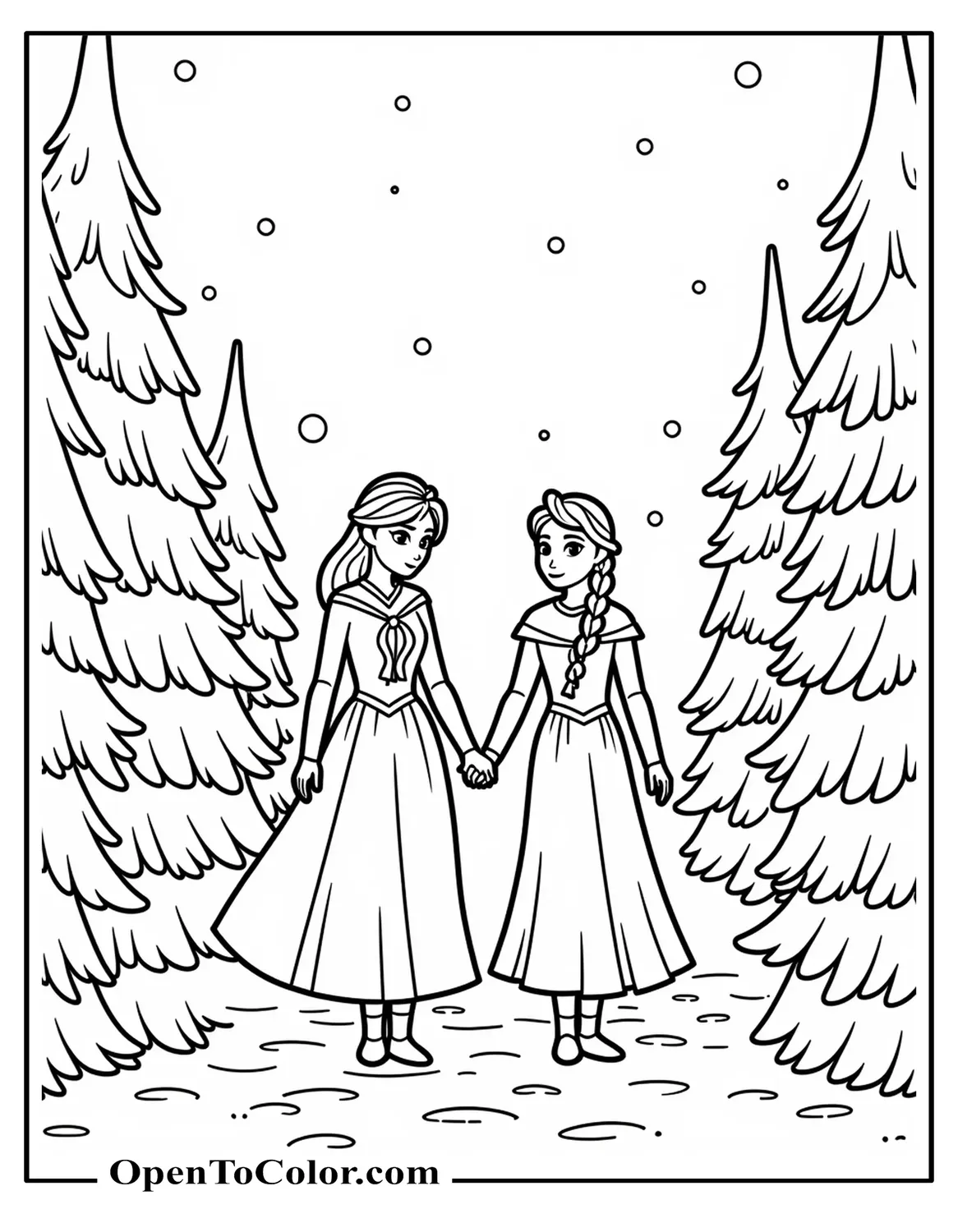 Elsa and Anna holding hands, walking through pine forest with gentle snowfall, coloring sheet, printable.