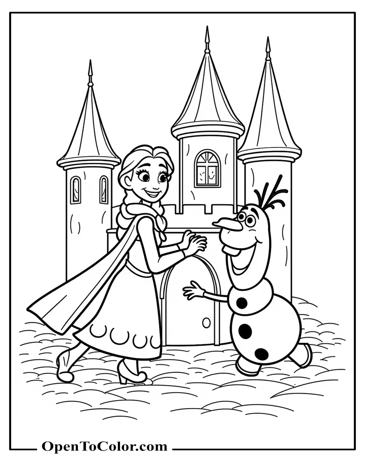 Free Coloring Page of Elsa and Olaf Building a Giant Snowcastle Together, Joyful Expressions