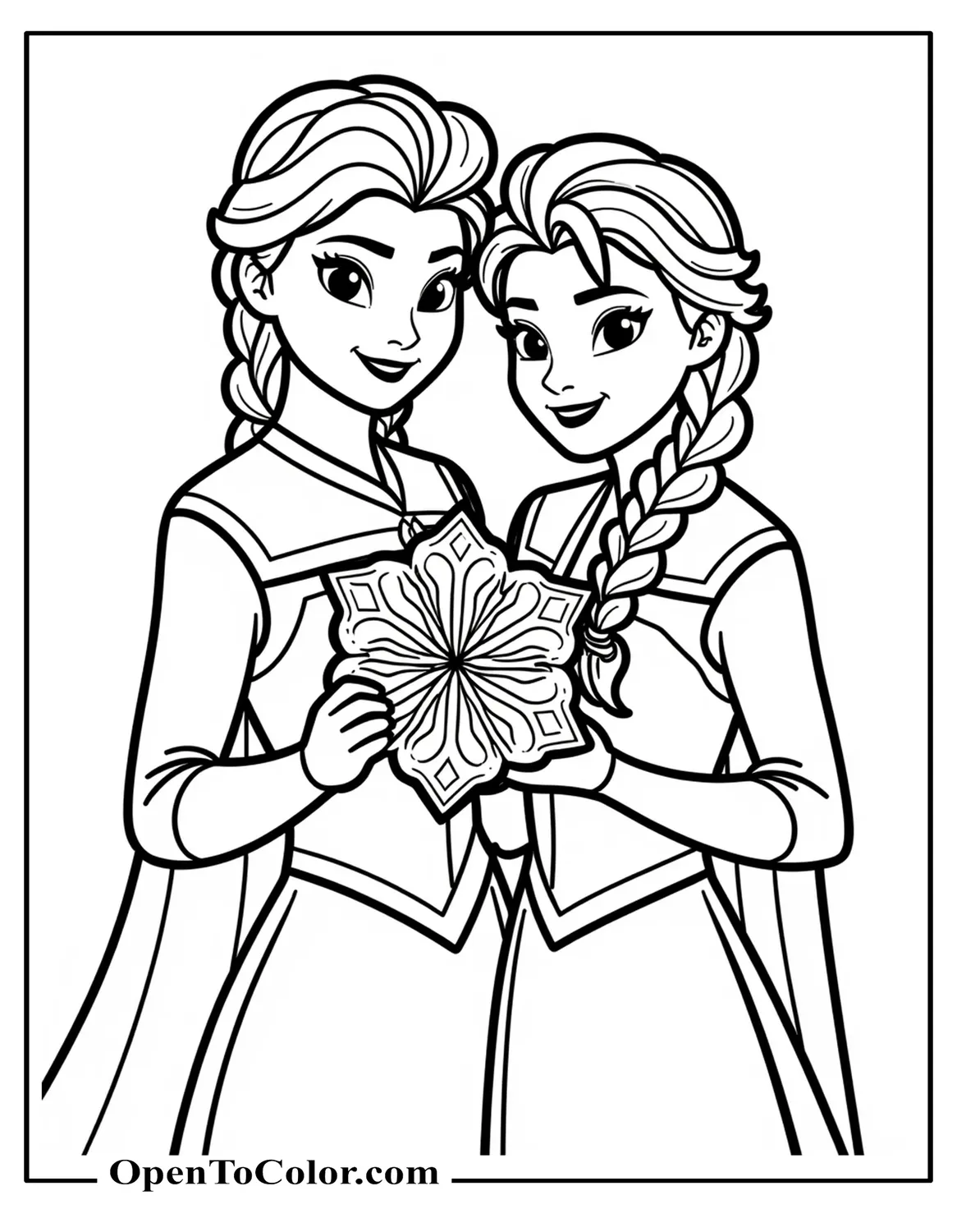 Elsa and Anna holding finished snowflake craft, cheerful faces, Coloring Page PDF