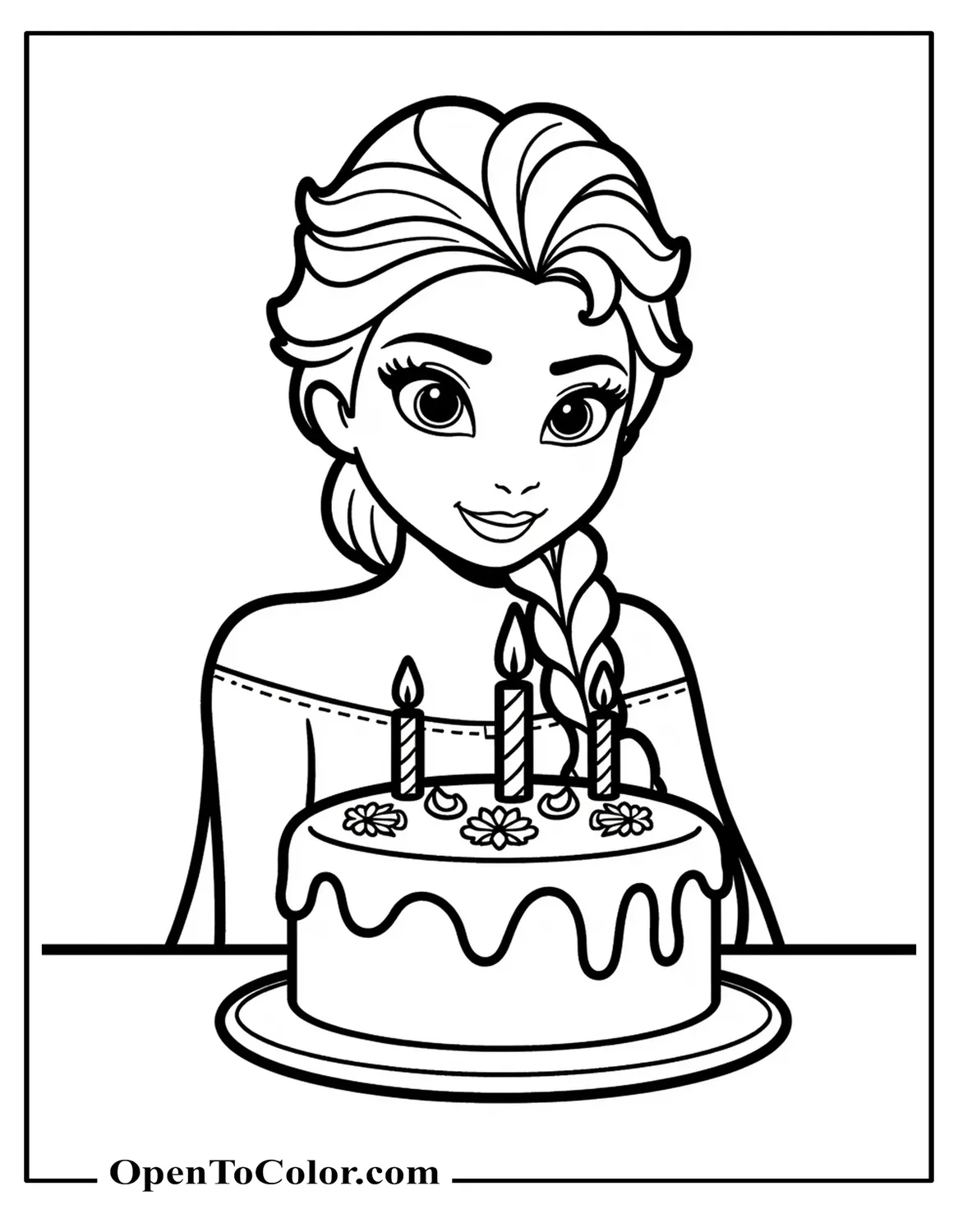 Chibi Elsa holding snowflake cake with tiny candles coloring page printable.