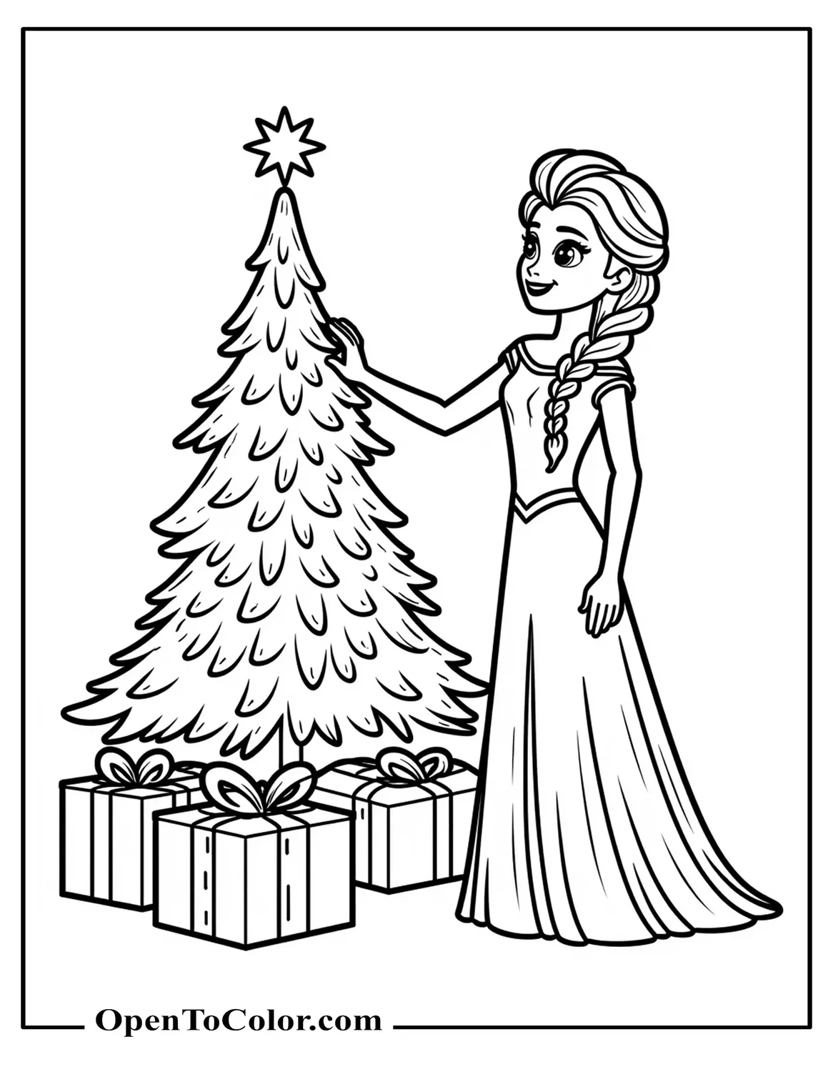 Elsa placing star on snowy Christmas tree, gift boxes nearby, coloring page PDF.