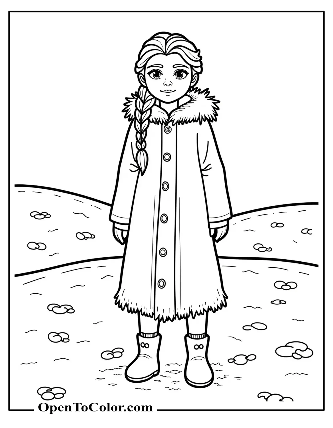 Elsa in Thick Winter Coat, Footprints in Deep Snow Coloring Sheet PDF