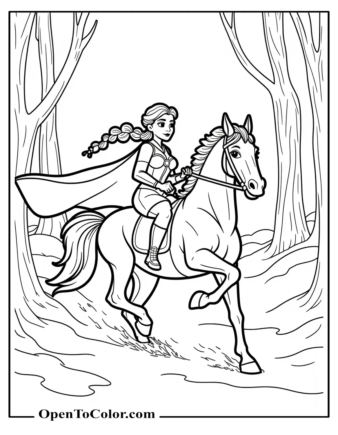 Elsa Galloping Horse Through Snowy Forest, Cloak Flowing Dramatic, Printable Coloring Sheet