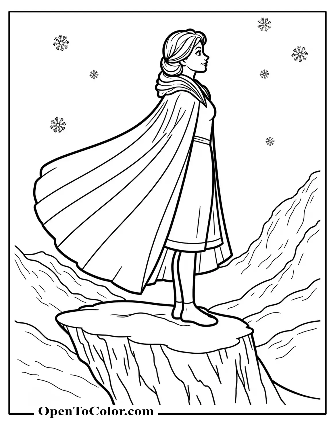 Elsa standing on snowy cliff with wind-blown cape, detailed snowflakes around, coloring page PDF.