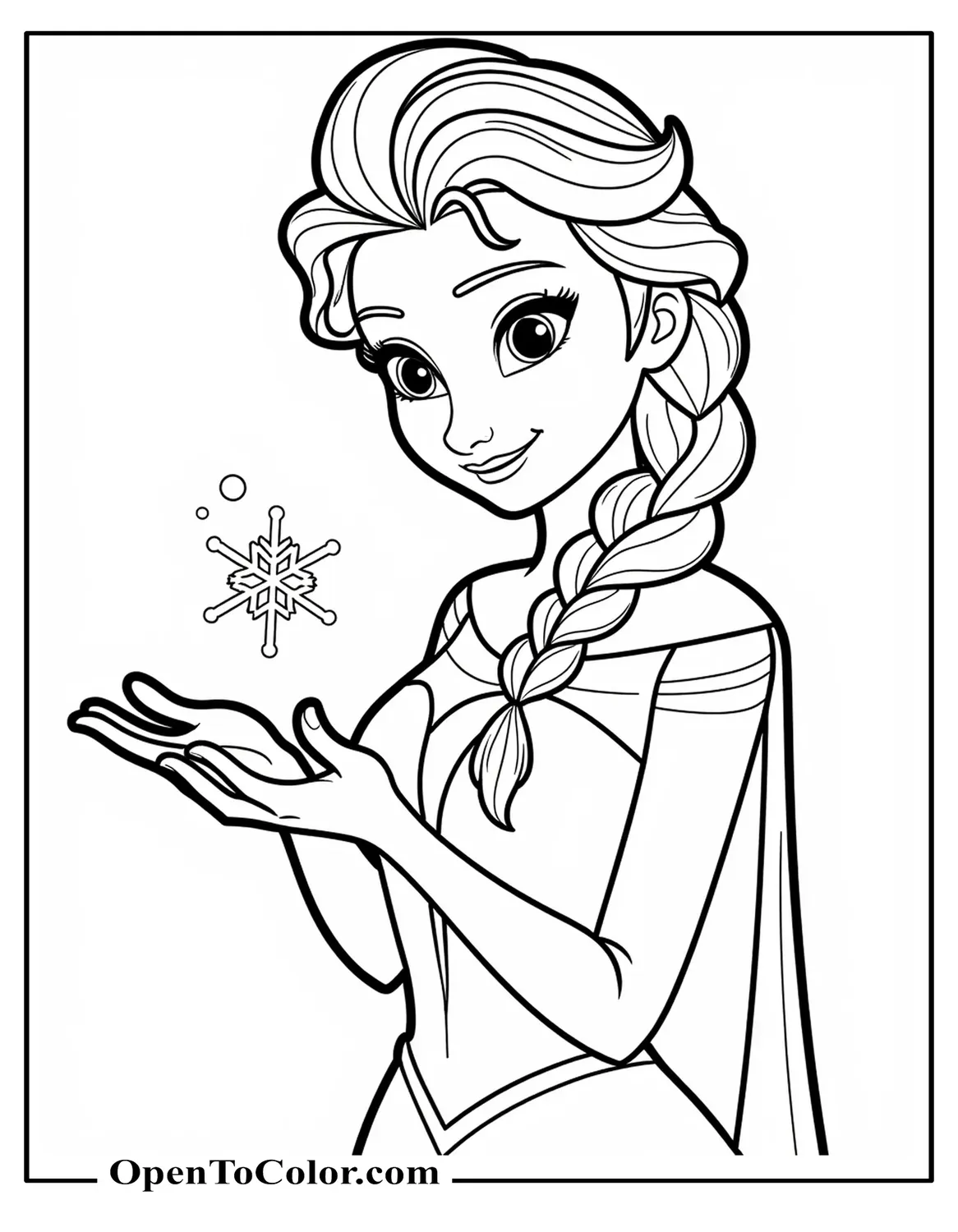 Free Coloring Page of Elsa Creating a Small Snowflake in Her Palm, Serene Expression, Cartoon Style