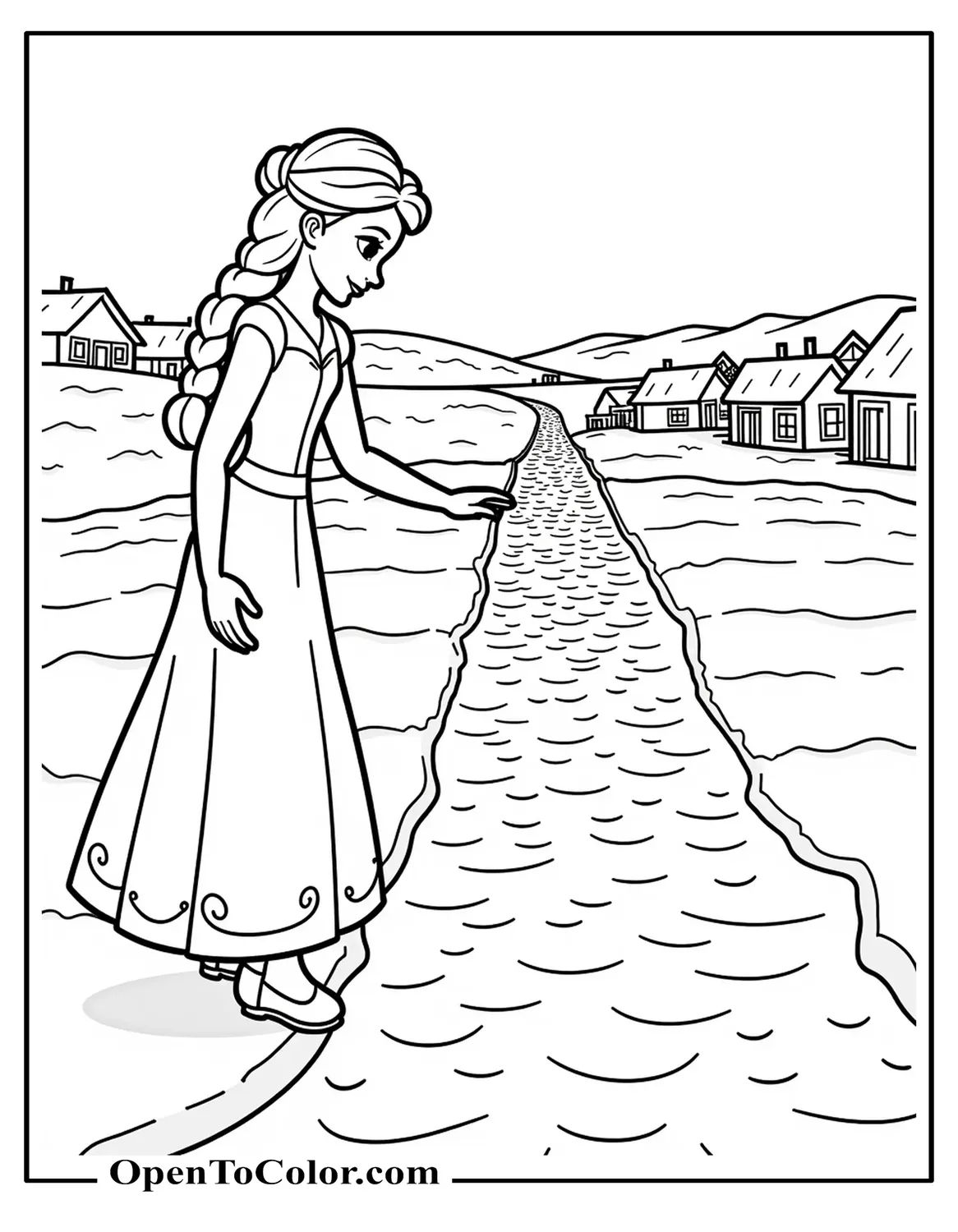 Elsa Sculpting Ice Path For Friends, Printable Coloring Page, Village Houses In Distance