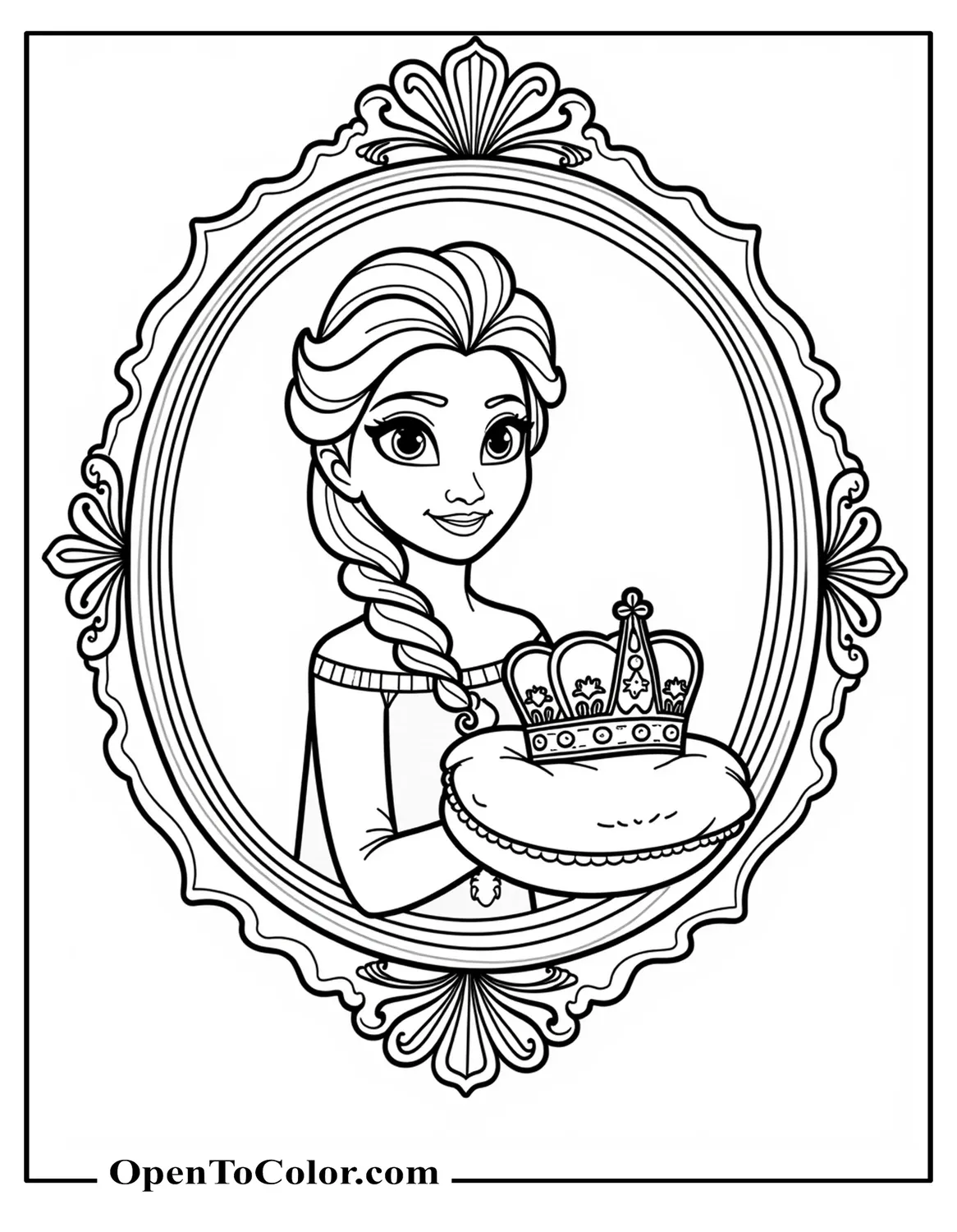 Free Coloring Page: Elsa Presenting Jeweled Crown on Velvet Pillow, Ornate Frame