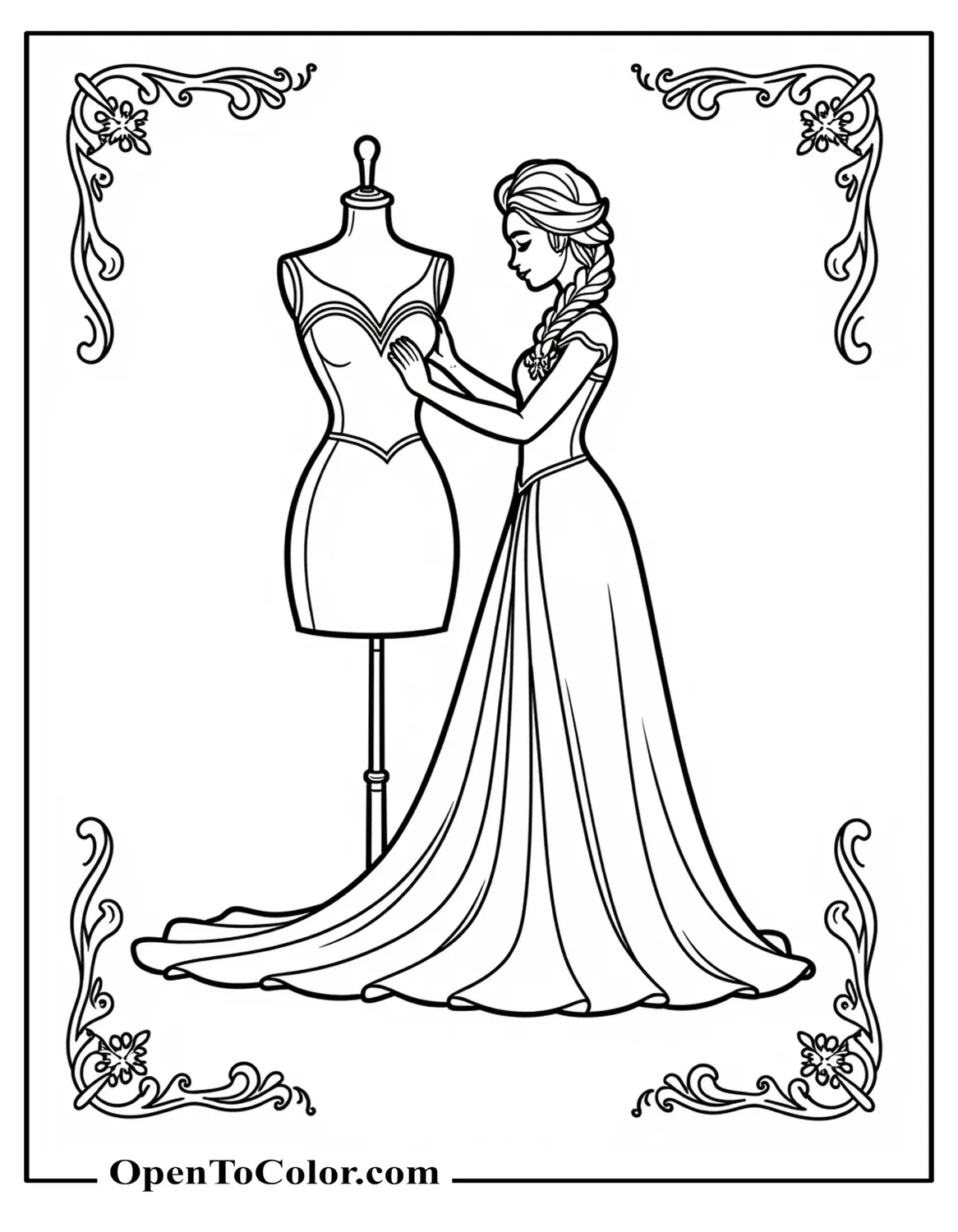 Free Coloring Page of Snow‑Queen Gown with Icicle Motifs and Cape on Mannequin, Clean Outlines