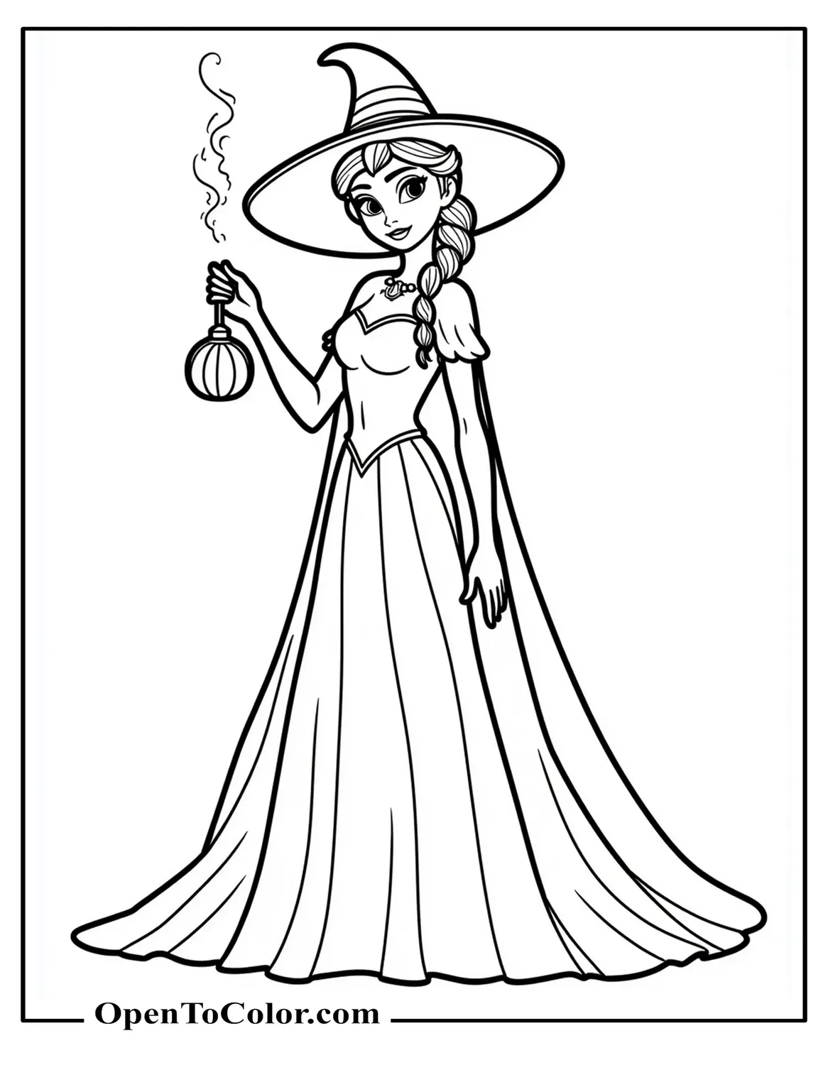 Free Coloring Sheet of Elsa Wearing Pumpkin Cloak and Witch Hat, Holding Glowing Snow Lantern