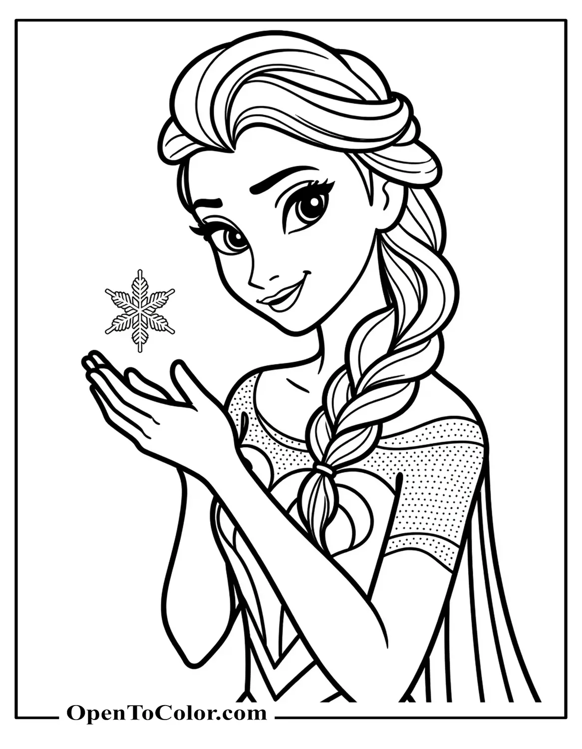 Elsa Cupping Single Magical Snowflake In Hands, Close-Up Coloring Page PDF