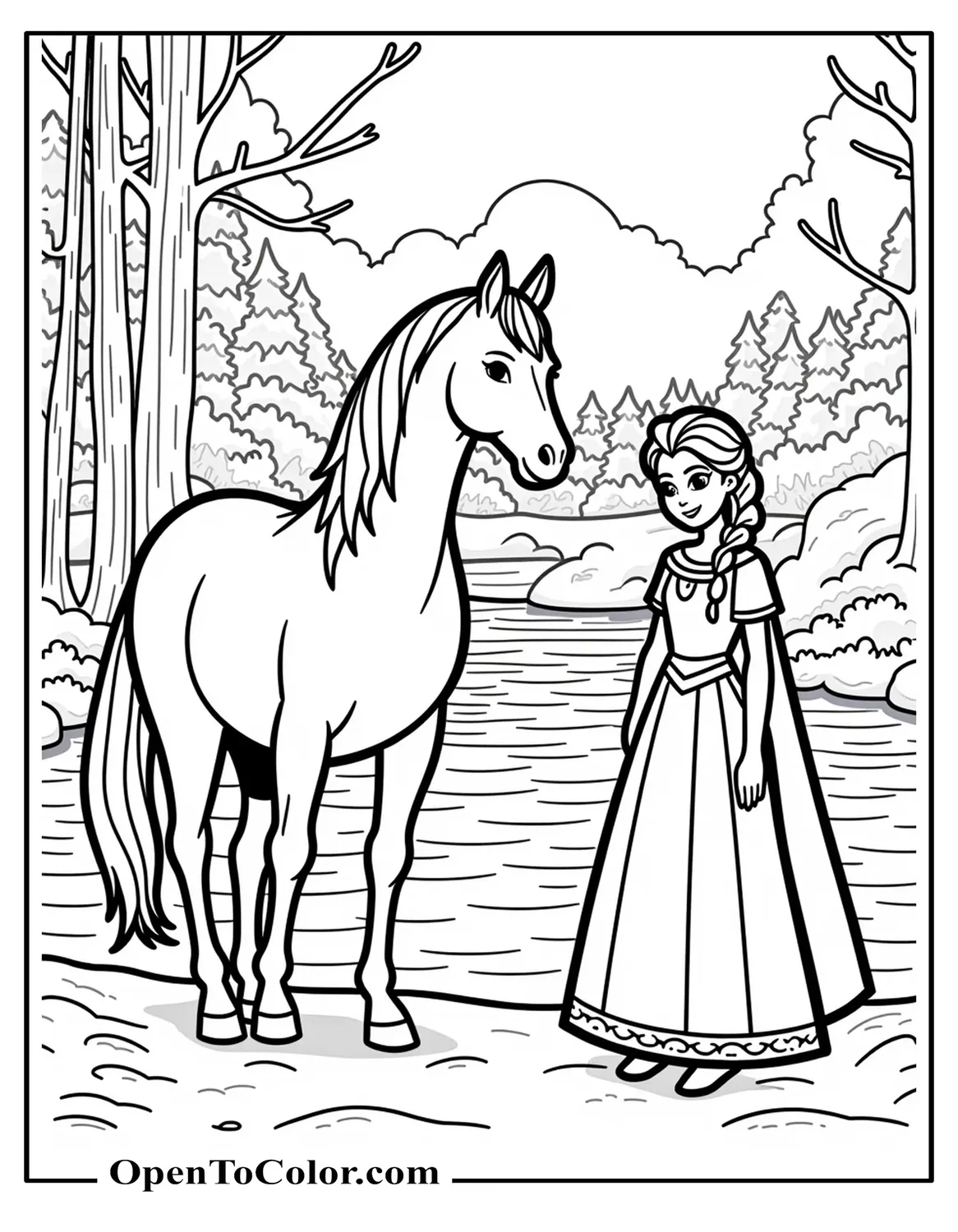 Free Coloring Sheet of Elsa Beside Water Spirit Horse at the Creek River, Winter Scenery Backdrop