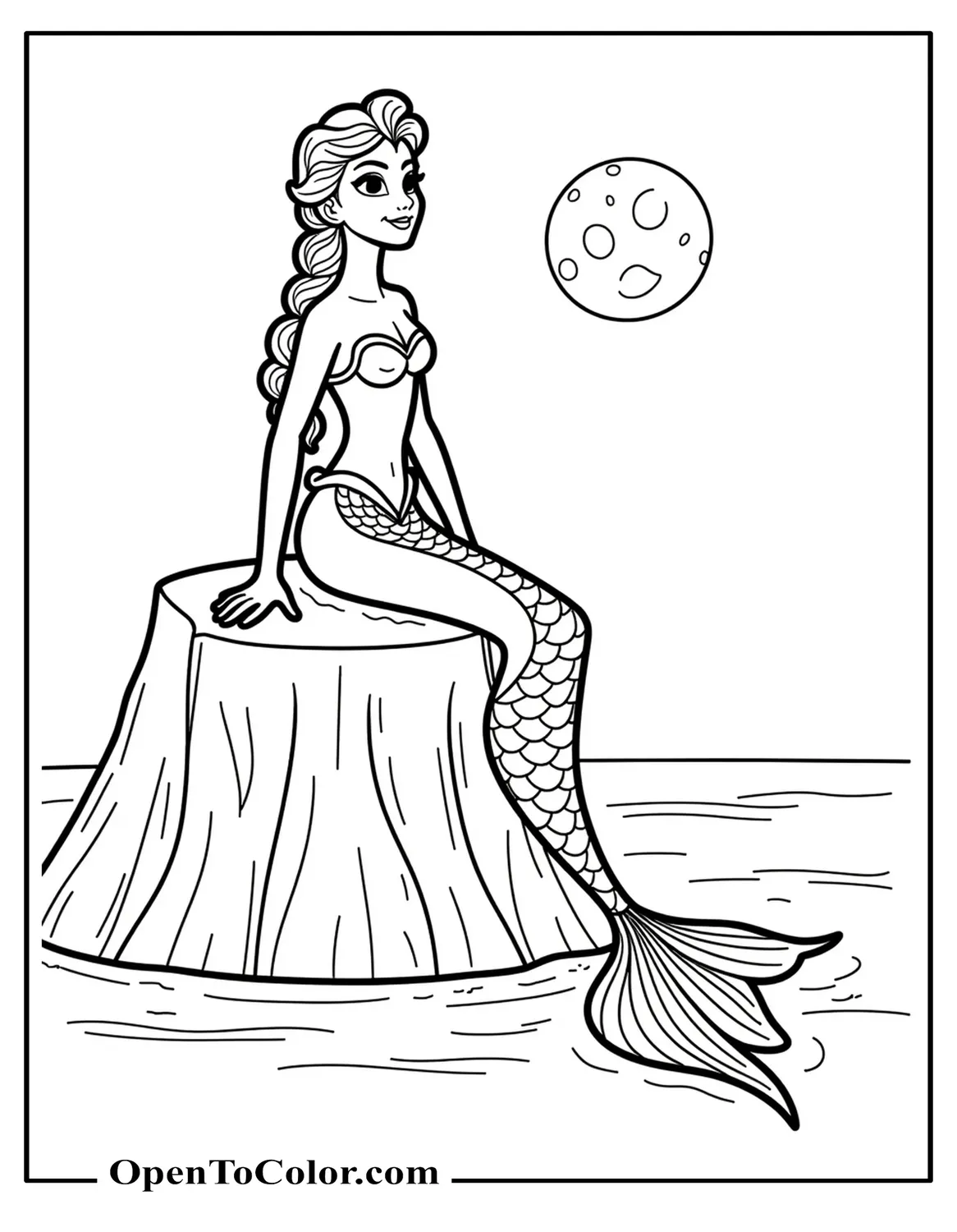 Free Elsa-styled mermaid coloring sheet creating snowflakes above water