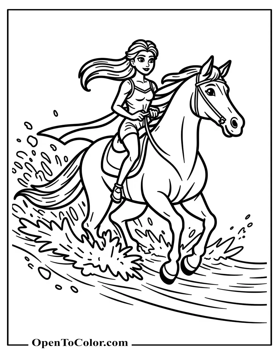 Printable Coloring Page of Elsa Riding Nokk Water Spirit Horse Through Waves and Splashes