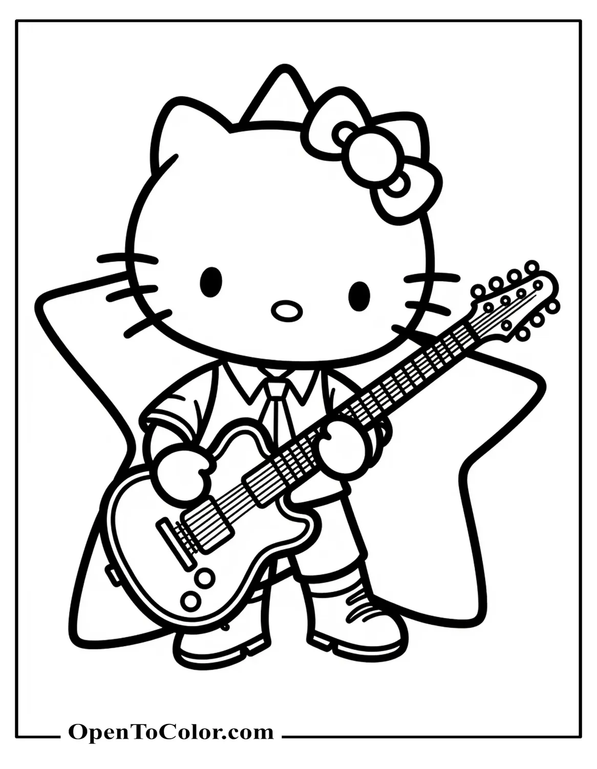 Free Coloring Sheet of Emo Style Hello Kitty With a Shirt and a Tie, Playing an Electric Guitar in a Shape of a Star