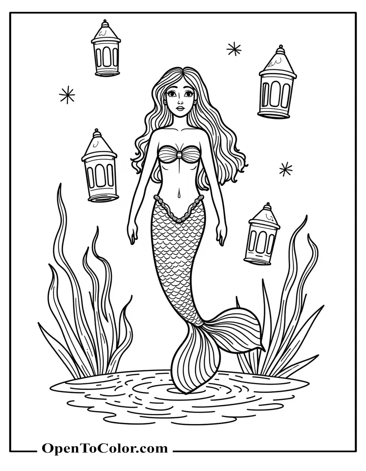 Enchanted Mermaid Coloring Sheet Surrounded By Floating Lanterns PDF
